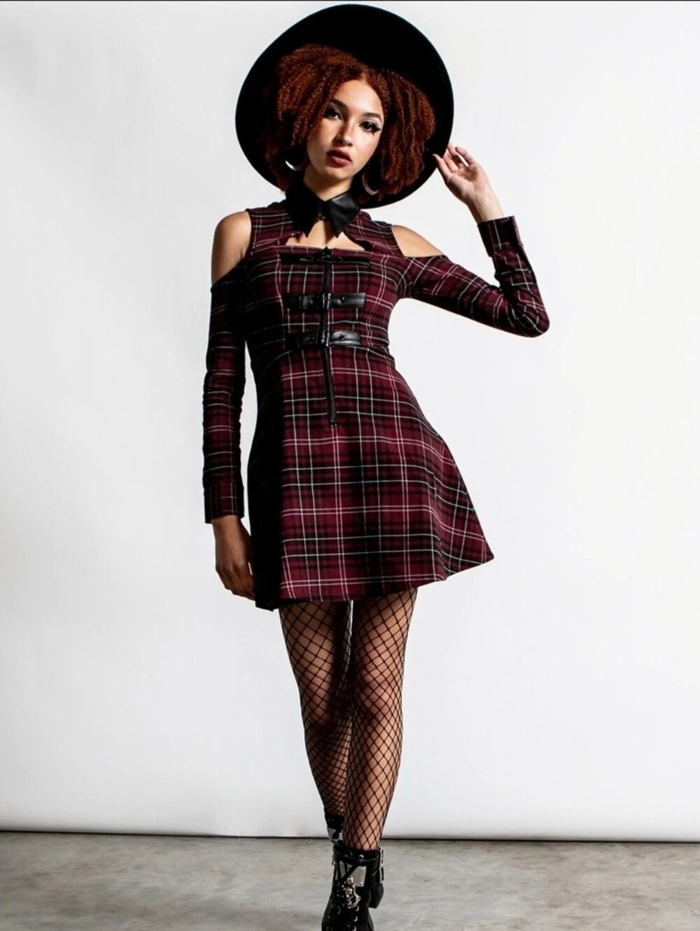 Killstar Burgundy Plaid Cold-Shoulder Mini Dress with Buckle Straps 3X